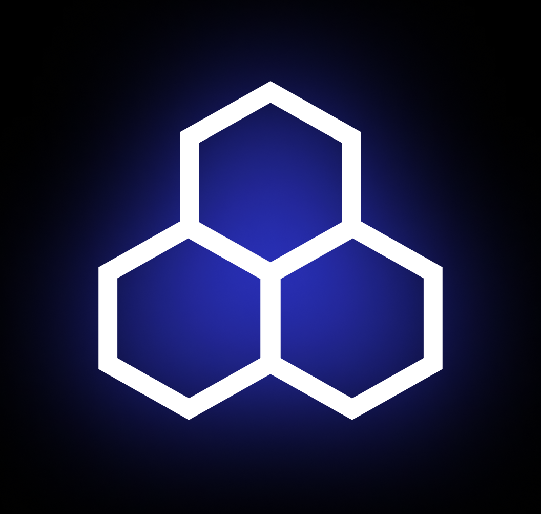 The Swarm Logo. Three hexagons linked togheter with a blue background.
